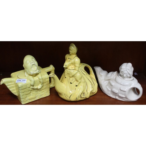 177 - Three nursery rhyme moulded pottery teapots, includes, Humpty Dumpty, Bah Bah Black Sheep and the Ol... 