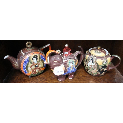 182 - Three Japanese Satsuma decorated ceramic teapots, one in the form of an Elephant (3)