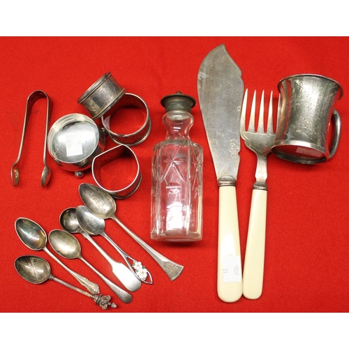 19 - A small silver tankard, 3 napkin rings, silver spoon, silver salt, and plated wares