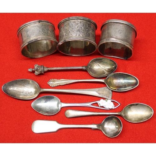 19 - A small silver tankard, 3 napkin rings, silver spoon, silver salt, and plated wares