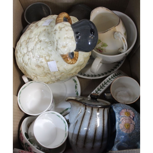 237 - A box containing a selection of domestic china, including a sheep, Portmerion ware, etc