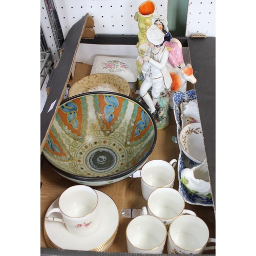 239 - A box of ceramics includes Staffordshire pottery flatbacks, Royal Worcester coffee cans and saucers ... 