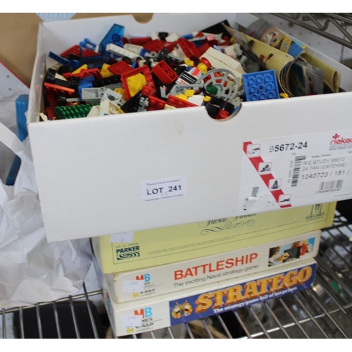 241 - A box containing a wide selection of Lego, together with three boxed board games