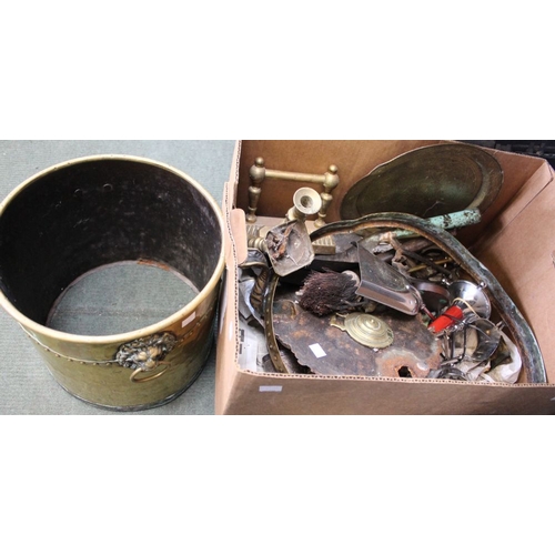 254 - A box containing a quantity of metalwares, fireside tools, etc