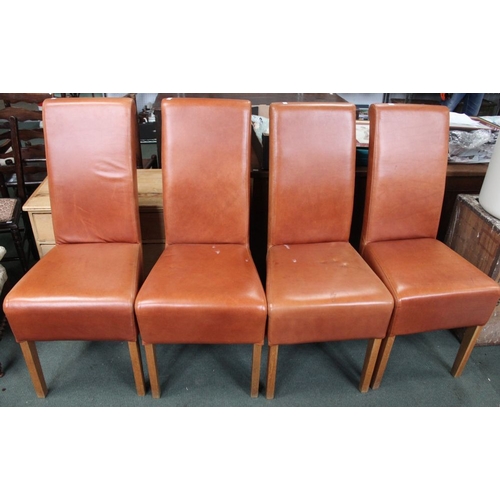 258 - Four modern tan leather high back dining chairs