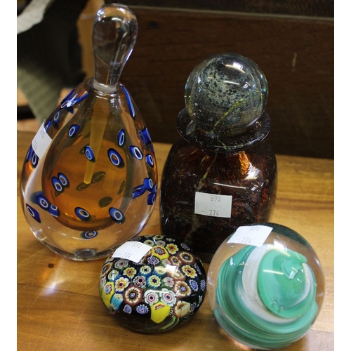 327 - A Murano glass scent bottle with another bottle with stopper and two glass paper weights