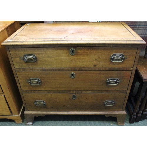 332 - A 19th century three drawer mahogany chest on bracket feet of small proportions,  81cm wide, 41cm de... 