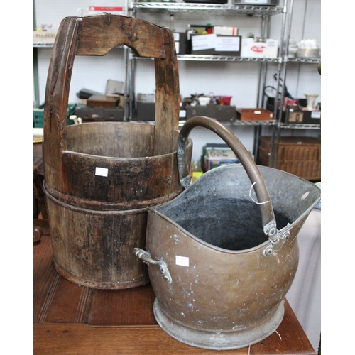 373 - A brass & copper coal scuttle together with a used well bucket