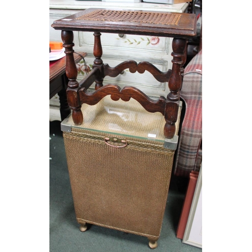 382 - A Lloyd Loom effect linen bin and three Rowland Hilder prints, one of Knole House plus a foot stool