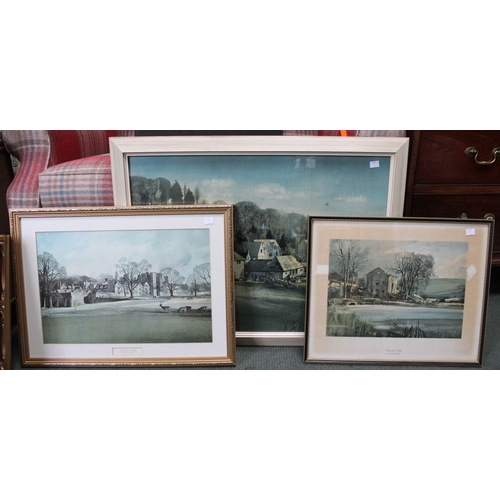 382 - A Lloyd Loom effect linen bin and three Rowland Hilder prints, one of Knole House plus a foot stool