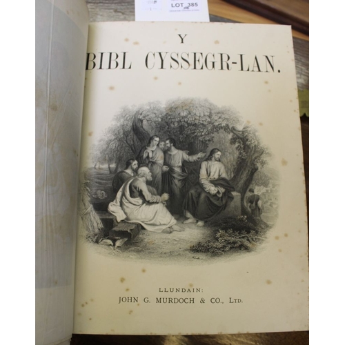 385 - A Welsh language 19th century Family Bible with brass clasps & corners (a/f)