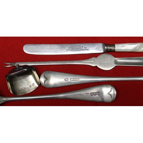 4 - Two silver soup spoons, various silver and silver plate, includes lobster picks