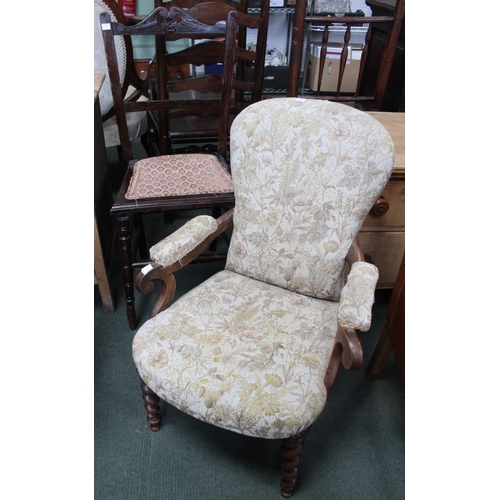 44 - A 19th century childs upholstered armchair barley twist legs and stretchers together with a single b... 