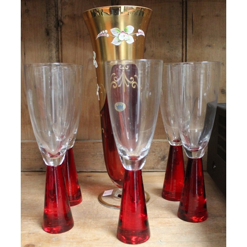 60 - A set of five vintage red bottomed glasses together with a Bohemia crystal red & gold vase