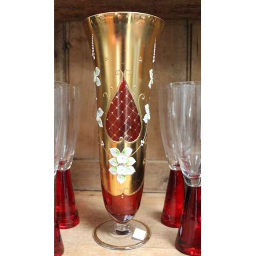 60 - A set of five vintage red bottomed glasses together with a Bohemia crystal red & gold vase