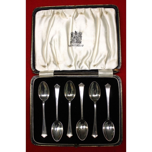 8 - A cased set of six silver tea spoons, Birmingham 1929 by Elkington, 89g