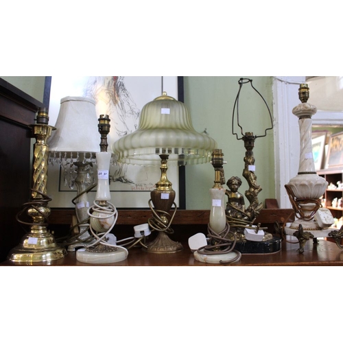 37 - Seven various lamp bases and lamps including a brass and marble example