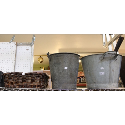 61 - Two galvanised buckets and a wicker basket