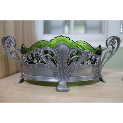 46 - A WMF Metall Warenfabrik Art Nouveau pewter oval jardinaire, with cast handles & green glass liner, ... 