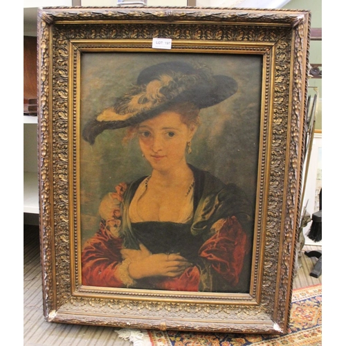 166 - A print of a lady of fashion in hefty gilt frame