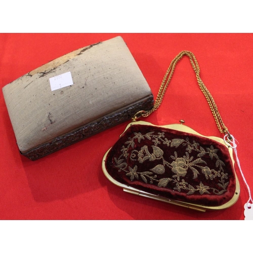 29 - A needle work kit in an embroidered case, modelled as a handbag, together with a silver mounted box ... 