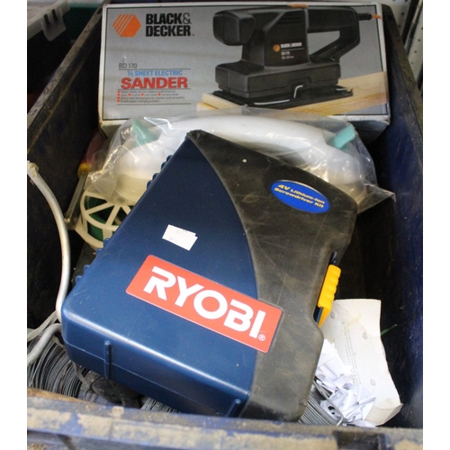 301 - A box containing a large selection of wire & twine, Black & Decker sheet sander & a Ryobi screwdrive... 