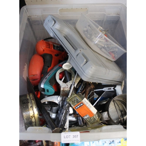 307 - A box containing hand tools, extensions, etc