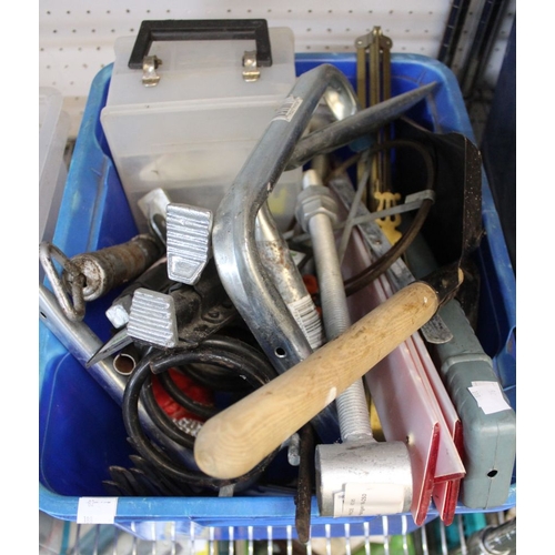 308 - A box containing a selection of tools, bolts, springs, etc