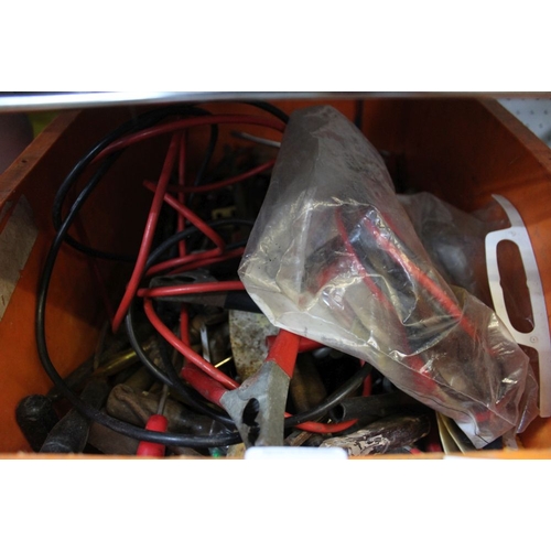 309 - Box containing jump leads & hand tools