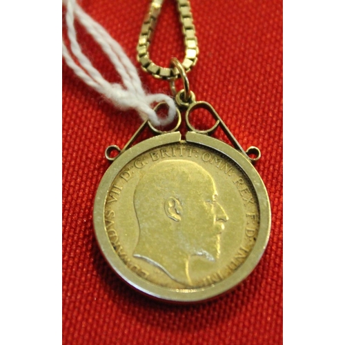 37 - A 1902 half sovereign, mounted in a 9ct gold pendant frame on a 9ct gold chain, gross weight 10.6g