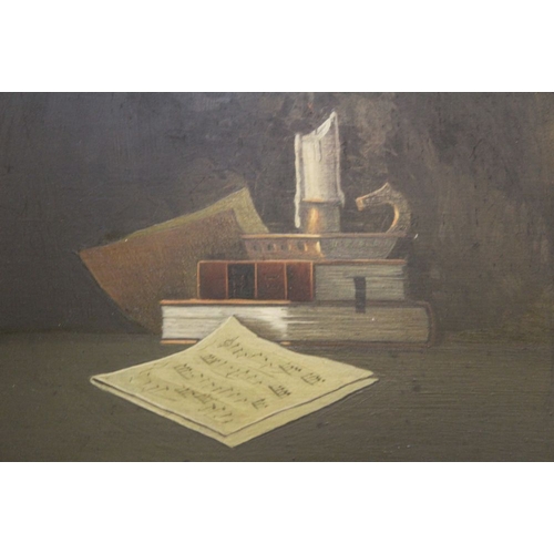 124 - Andrea, a still life painting of books and a candle, oil on board, 22cm x 29cm, gilt framed, togethe... 