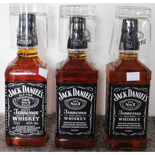 240 - Jack Daniels - Three bottles of 70cl whiskey each with a JD branded whiskey glass