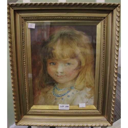 259 - A European School watercolour painting, portrait of a fair haired girl, 28cm x 22cm, gilt framed and... 