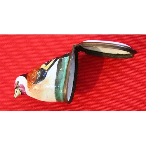 38 - A late 18th century enamel Bonbonnieres in the form of a garden bird, with hinged lid base, floral d... 