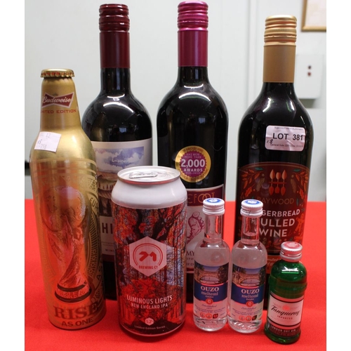 381 - Chianti, 2022, 1 bottle
 Gingerbread Mulled Wine, 1 bottle
 Barefoot Red Wine, 1 bottle
 2 beers, an... 