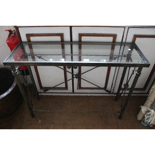 42 - An ornate metal framed Pompidou console table with glazed top & column supports with ornate X stretc... 