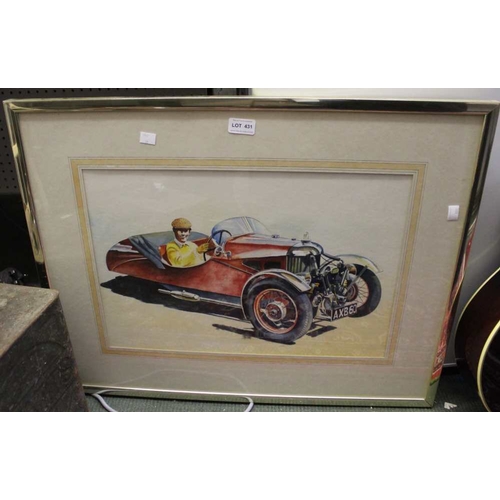 431 - A large print of a Vintage Car & driver, together with a small set of wooden steps