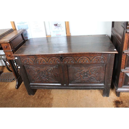 44 - An oak carved chest/blanket box 107cm wide x 51cm deep x 61cm high