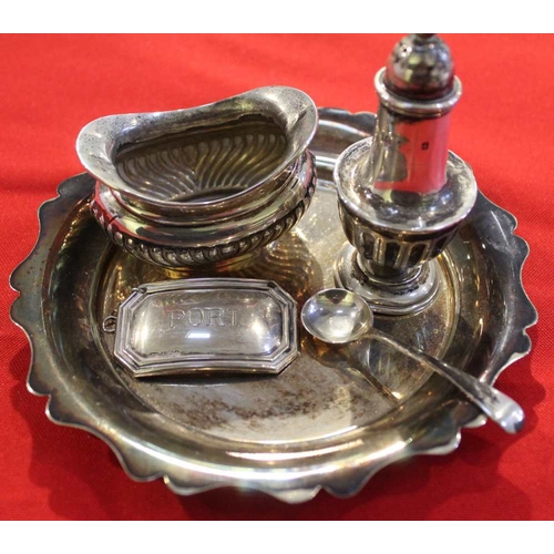 6 - A silver pepper pot, silver salt and spoon and silver 