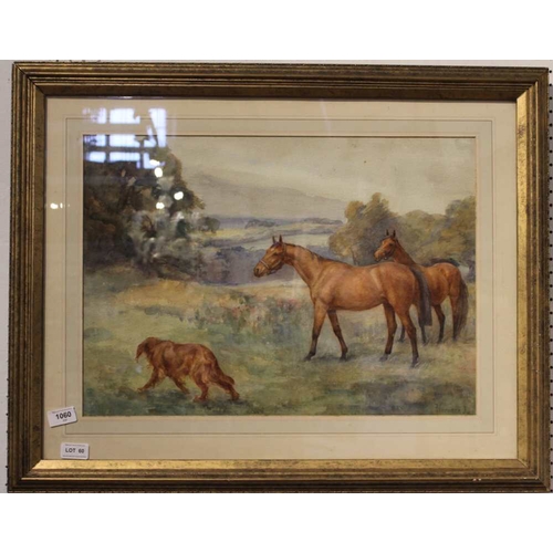 60 - Florence Jay (op. 1905-1927) Landscape with horses and dog, watercolour, 39cm x 54cm, signed