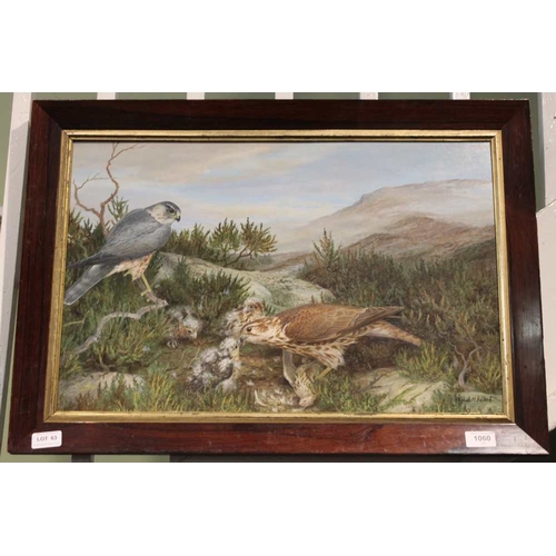 63 - Elizabeth M. Halstead, Moorland landscape with merlin pair feeding chicks on meadow pipit prey, oil ... 