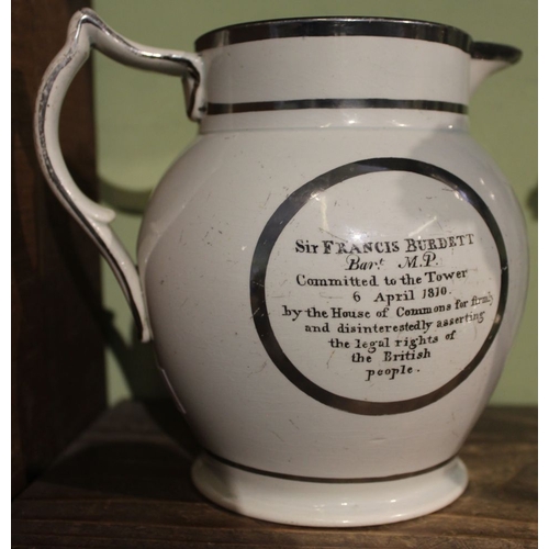 322 - An early 19th century silver lustre printed political commemorative jug, with a portrait of Sir Fran... 