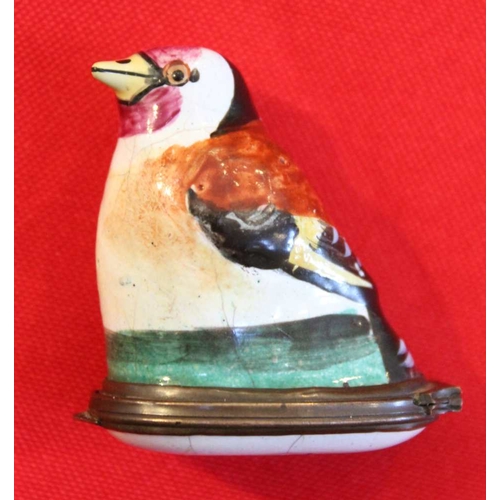 332 - A late 18th century enamel Bonbonnieres in the form of a garden bird, with hinged lid base, floral d... 