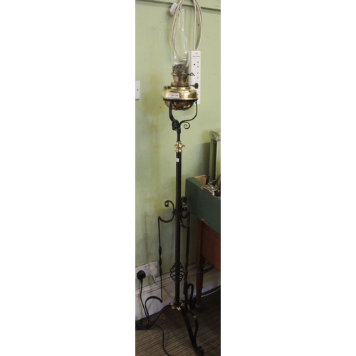 342 - Art Nouveau adjustable wrought iron oil lamp stand (thread gone), with copper foliate trim complete ... 