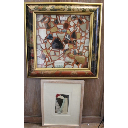 345 - A collage of broken china framed in a decorative floral frame, 31cm x 31cm & Ellen Bell, an abstract... 