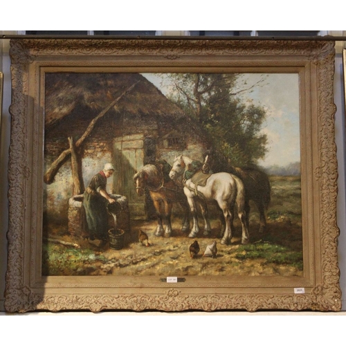 361 - C Verschuur, a 19th century oil painting on canvas heavy work horses by farm building with figure & ... 