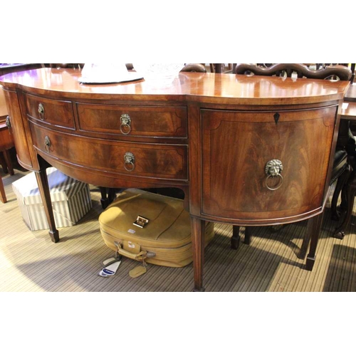 105 - A Regency design mahogany pedestal dining table with leaves, together with matching bow front sidebo... 