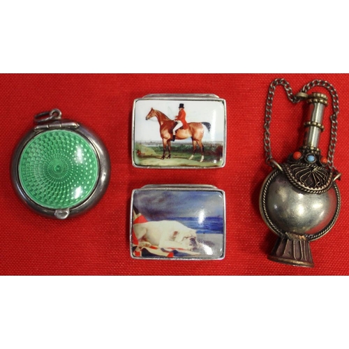 17 - Two silver pill boxes with decorative tops, a huntsman and a bulldog, together with a guilloche enam... 