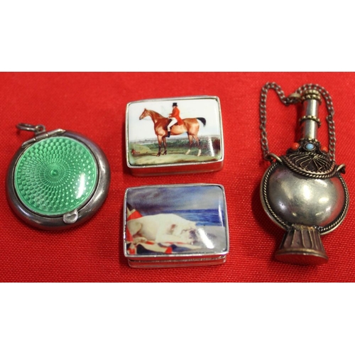 17 - Two silver pill boxes with decorative tops, a huntsman and a bulldog, together with a guilloche enam... 