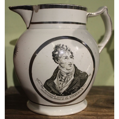 182 - An early 19th century silver lustre printed political commemorative jug, with a portrait of Sir Fran... 